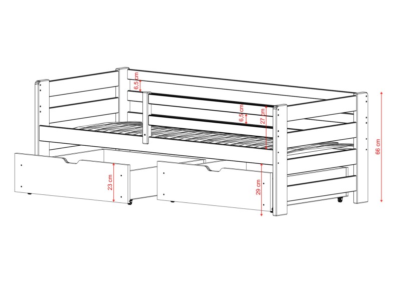 Projekt łóżka z litego drewna z zabezpieczającymi barierkami i schowkiem