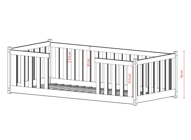 Schemat łóżka dziecięcego z pionowymi barierkami i podanymi wymiarami.