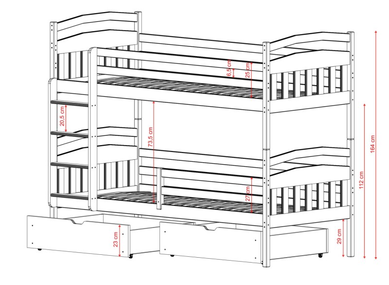 Schemat konstrukcji łóżka piętrowego 3-osobowego z drabinką – widok z naniesionymi wymiarami.