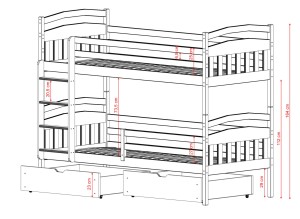 Szczegółowy schemat łóżka piętrowego 3-osobowego z wysuwanymi szufladami.