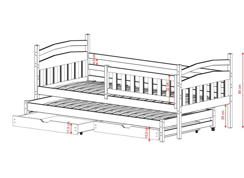 Techniczna ilustracja drewnianego łóżka z funkcją spania dla dwóch osób i szufladami.