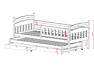 Rysunek z wymiarami łóżka niskiego z funkcją spania i zabezpieczeniem przed wypadnięciem.