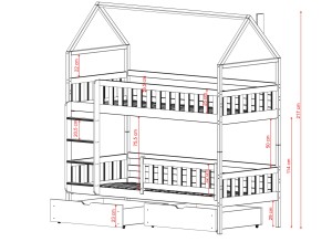 Projekt łóżka piętrowego domek z dwiema wysuwanymi szufladami.