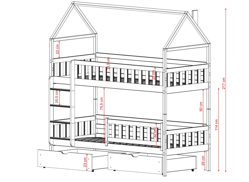 Schemat łóżka piętrowego domek z wymiarami i szufladami