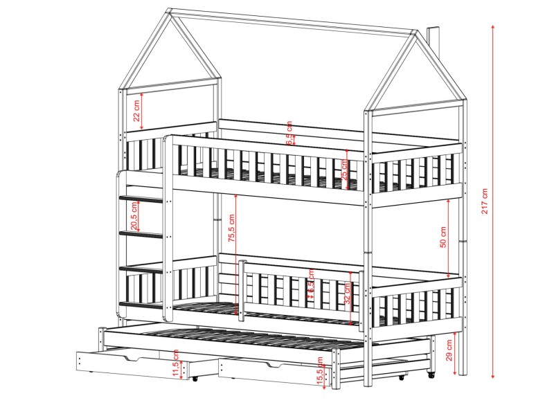 Szczegółowe wymiary łóżka piętrowego domek z barierkami i szufladami dla trójki dzieci.