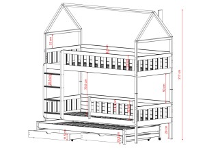 Rysunek techniczny łóżka piętrowego domek z wymiarami poszczególnych części.