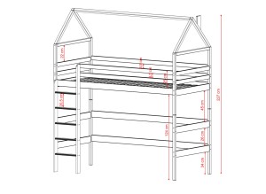 Specyfikacja wymiarów łóżka na antresoli domek - wysokość całkowita 227 cm.