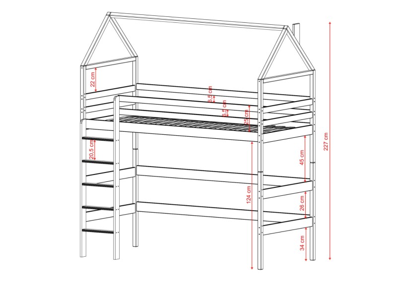 Schemat konstrukcyjny wysokiego łóżka domku z opisem technicznym