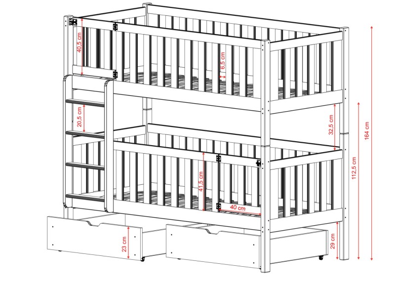 Plan budowy łóżka piętrowego z drabinką, barierki 40,5 cm, szuflady 23 cm.
