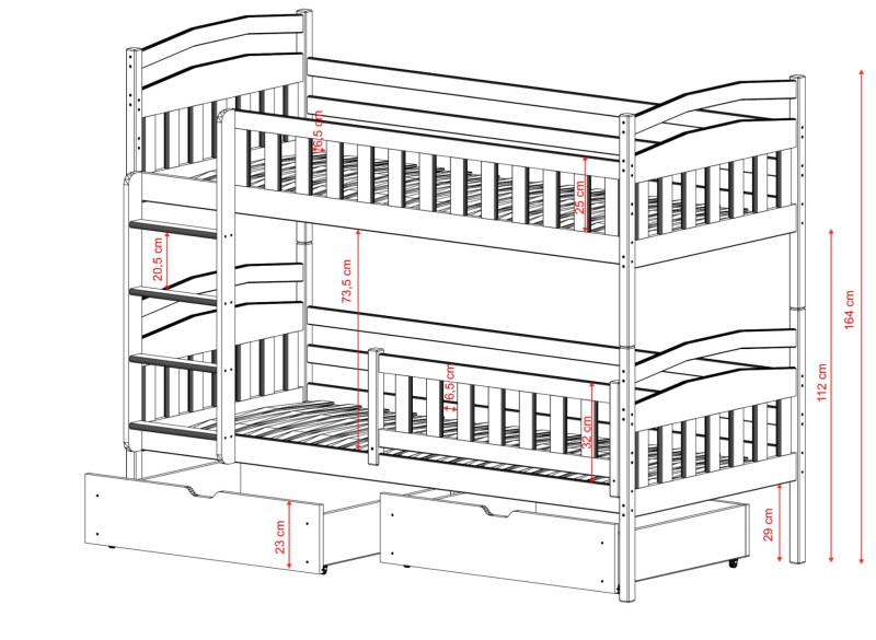 Techniczny opis łóżka piętrowego z szufladami - wysokość 164 cm.