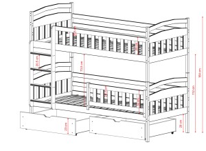 Parametry wymiarowe drewnianego łóżka piętrowego dla dzieci, rysunek poglądowy.