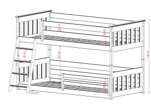 Plan łóżka piętrowego z wymiarami: wysokość 130 cm, prześwit 72,5 cm.
