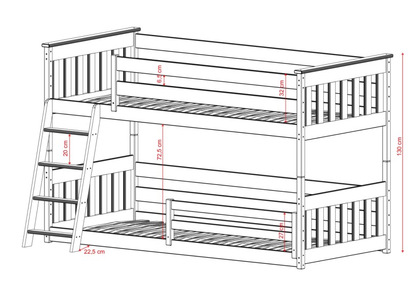 Wymiary łóżka piętrowego dla dzieci - projekt konstrukcji z oznaczeniem wysokości całkowitej 130 cm.