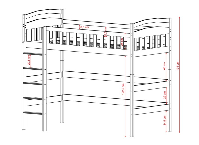 Łóżko antresola z barierką 25 cm i drabiną, projekt techniczny.