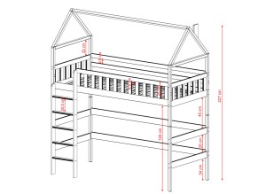 Projekt techniczny łóżka antresoli w formie domku z zaznaczoną drabiną.