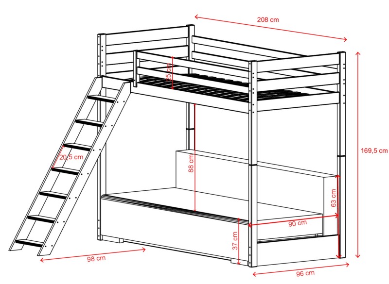 Rysunek techniczny drewnianego łóżka piętrowego z drabinką i wymiarami.