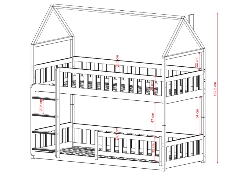 Schemat konstrukcji drewnianego łóżka domku z drabinką i barierkami.