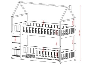 Projekt łóżka piętrowego domek z zaznaczonymi wymiarami barierek i drabiny.