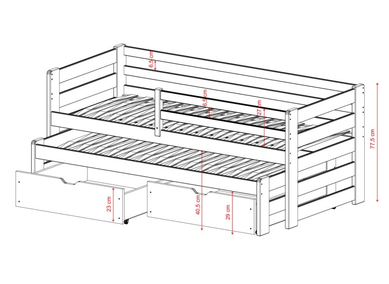 Rysunek wymiarowy łóżka z wysuwaną częścią dolną i dwiema pojemnymi szufladami.
