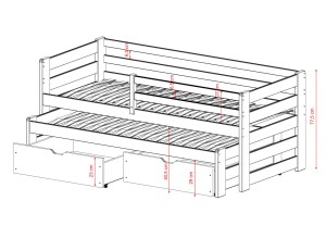 Wymiary łóżka z szufladami i wysuwanym materacem, rysunek techniczny.
