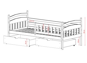 Rysunek techniczny łóżka dziecięcego: wysokość 85 cm, barierka 32 cm.