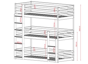 Rysunek techniczny trzyosobowego łóżka piętrowego, schemat z zaznaczonymi wymiarami drabinek.