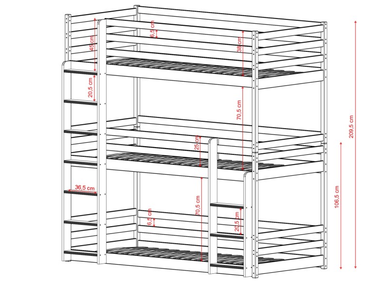 Wymiary całkowite łóżka piętrowego 3-osobowego, wysokość 209,5 cm.