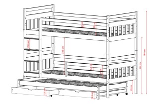 Schematyczne przedstawienie łóżka piętrowego z zaznaczonymi odległościami w cm.