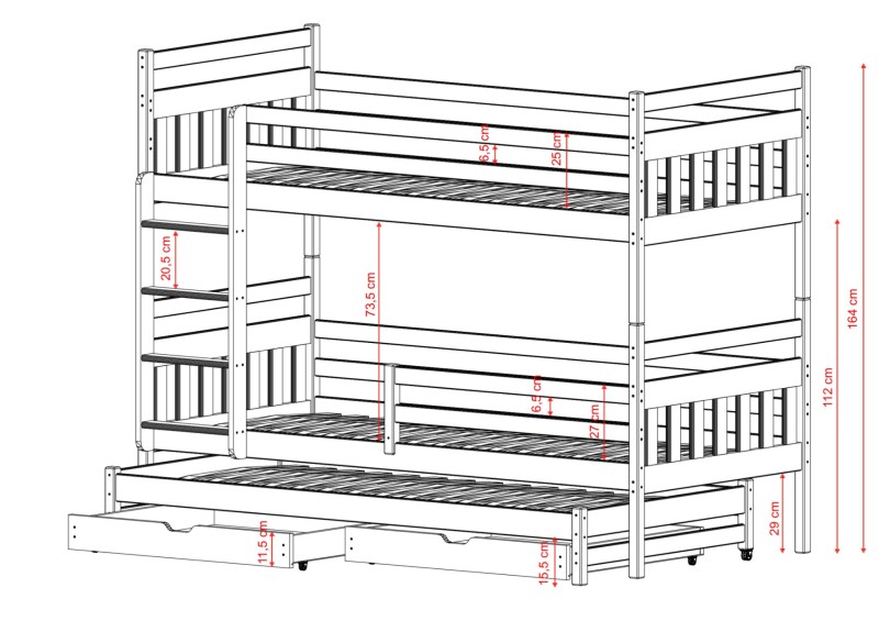 Szczegółowy rysunek z wymiarami łóżka piętrowego dla dzieci.