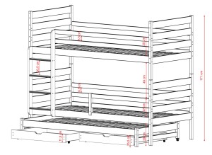 Wymiary łóżka piętrowego trzyosobowego z szufladami i drabinką.
