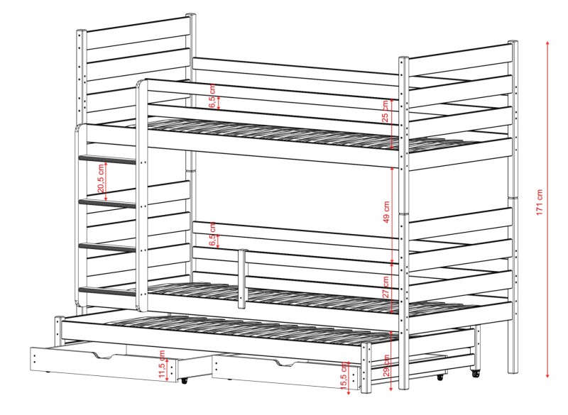 Projekt łóżka piętrowego dla dzieci z barierkami ochronnymi i wymiarami.