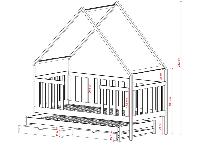 Wymiary łóżka dziecięcego domek: wysokość całkowita 212 cm