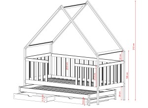Projekt łóżka domek z barierką 47,5 cm i dwiema szufladami - rysunek z wymiarami.
