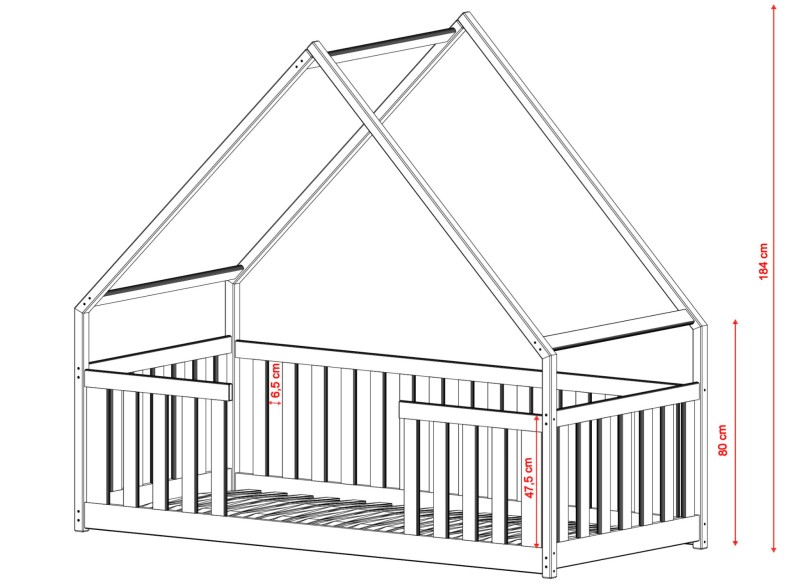 Projekt łóżka dziecięcego domek z opisem wymiarów barierek i stelaża.