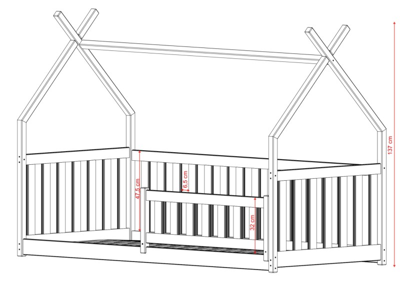 Szczegółowe wymiary łóżka domku: prześwit między szczebelkami 6,5 cm.