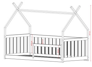 Wymiary techniczne łóżka tipi dla dziecka, wysokość 137 cm, barierka 47,5 cm.