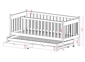 Wymiary łóżka parterowego trzyosobowego z wysuwanym spaniem i szufladami, rysunek techniczny.