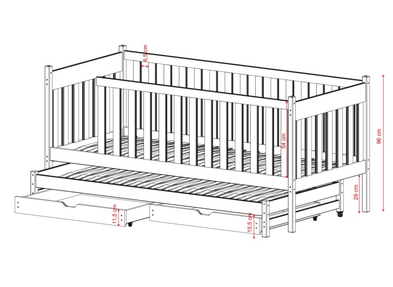 Projekt łóżka z drewna z naniesionymi wymiarami elementów konstrukcji.