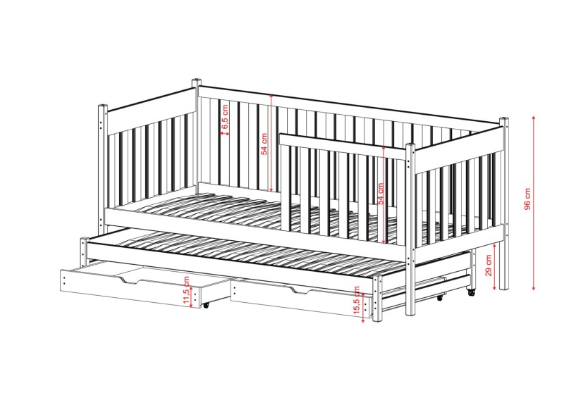 Wymiary łóżka dziecięcego z dodatkowym miejscem do spania i dwiema szufladami.