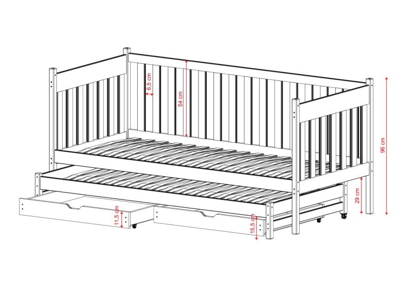 Projekt wymiarowy łóżka parterowego z wysuwaną dostawką: wysokość spania 29 cm, wysokość tyłu 54 cm.