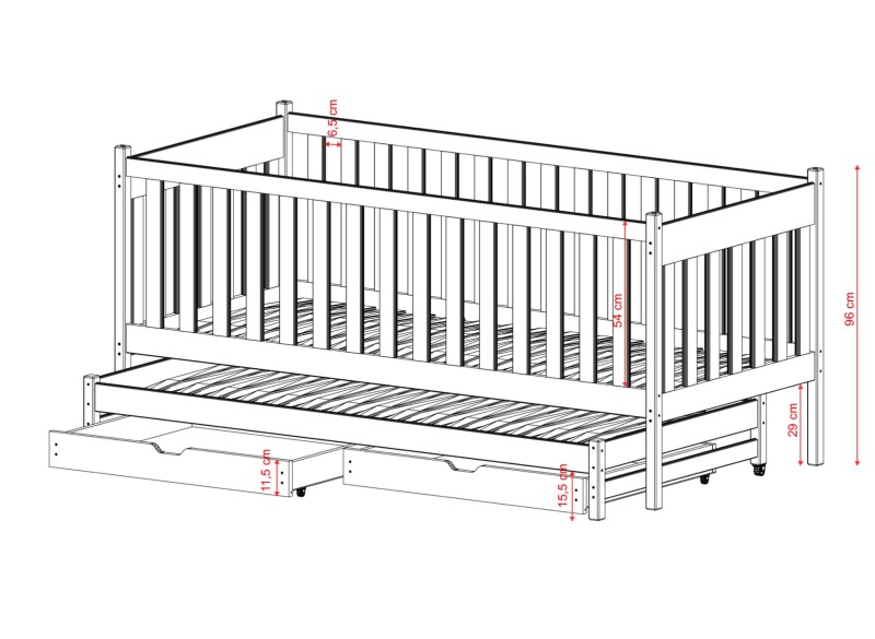 Schemat łóżka dziecięcego z barierkami ochronnymi i wysuwaną dostawką.
