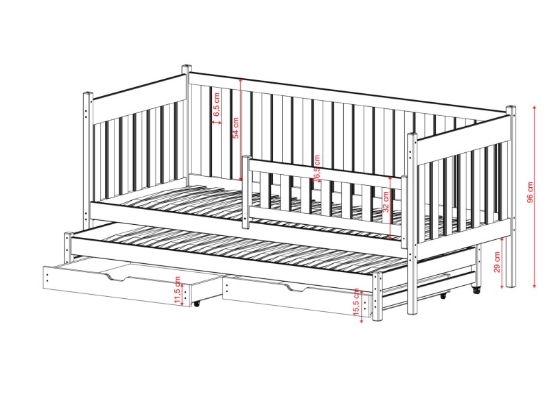 Techniczna specyfikacja wymiarów łóżka dziecięcego z barierką zabezpieczającą i szufladami.