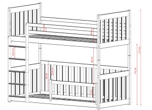 Rysunek techniczny drewnianego łóżka piętrowego z drabinką.