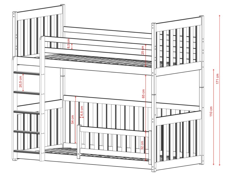 Projekt łóżka piętrowego z zaznaczonymi wymiarami bezpieczeństwa i konstrukcji.