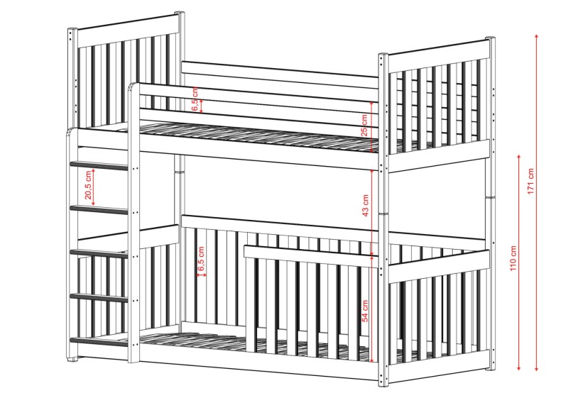 Szczegółowy plan łóżka piętrowego z zaznaczoną wysokością 171 cm.