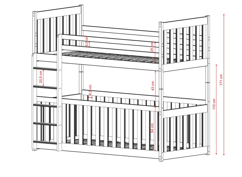 Szczegółowy schemat łóżka piętrowego – wymiary zewnętrzne konstrukcji.