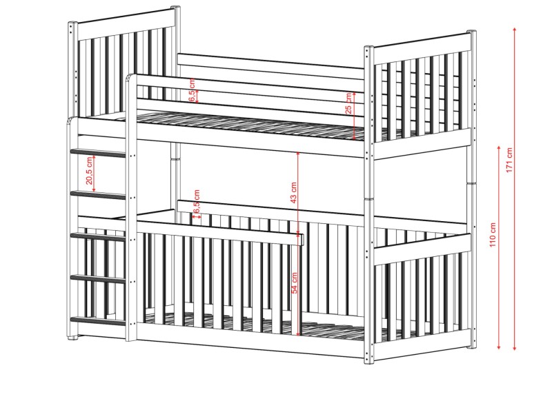 Rysunek techniczny łóżka piętrowego z zaznaczonymi wysokościami.