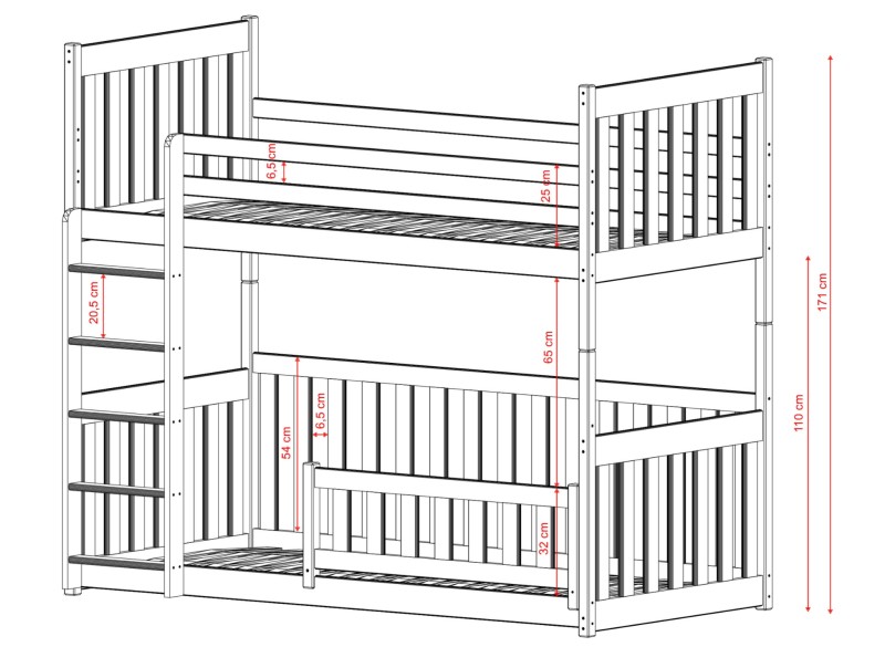 Plan łóżka piętrowego z wymiarami - całkowita wysokość mebla to 171 cm.