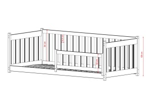 Projekt łóżka z litego drewna dla dziecka, pokazujący rozmieszczenie szczebelków.