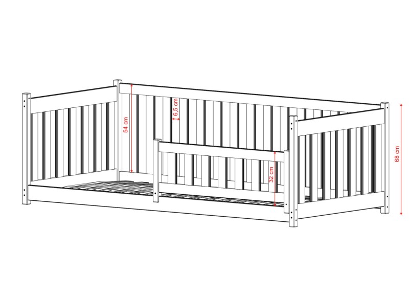 Łóżko dziecięce z drewna - schemat wymiarów barierek i konstrukcji.